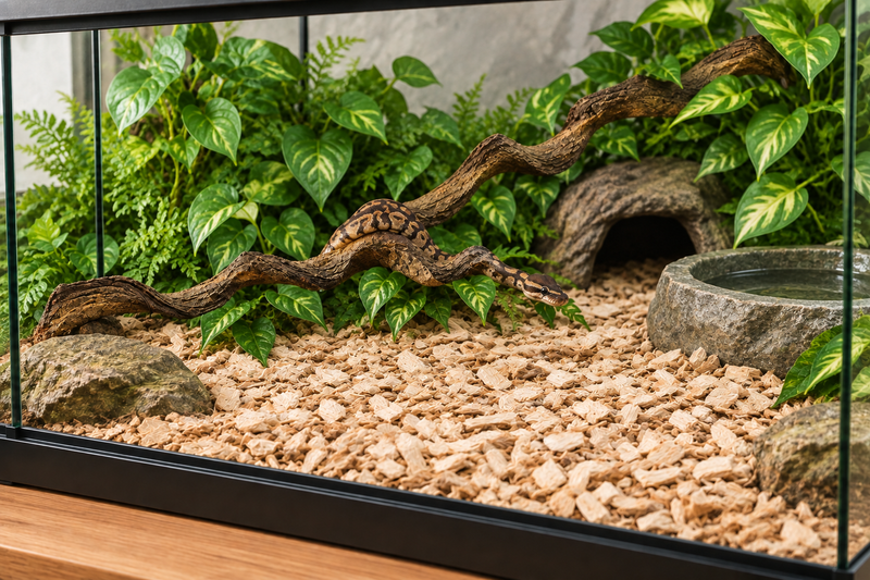 Load image into Gallery viewer, Jungle Wood sul retro della teca con corteccia chiara e pothos artificiali
